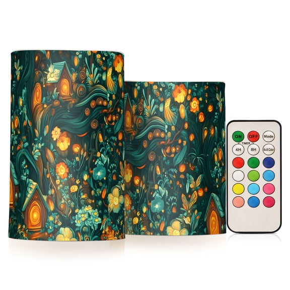 Enchanted Forest Stripes Lines Flameless LED Candle Set with Remote, Battery Operated Color Changing Pillar Candles, Set of 2