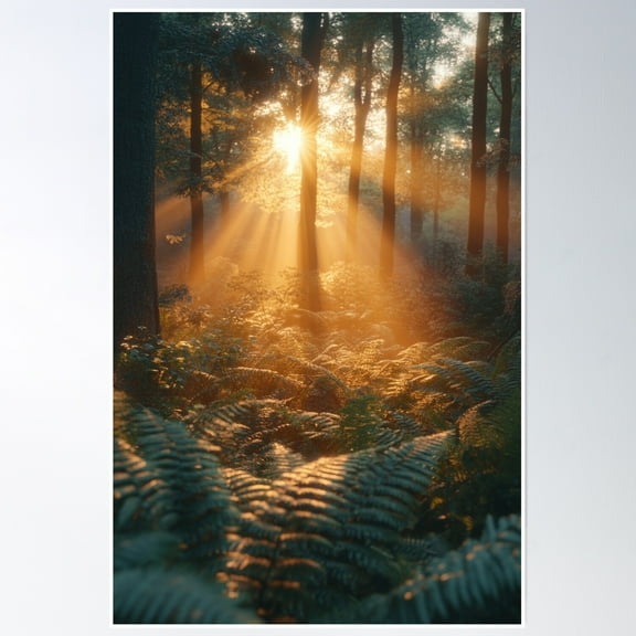 Enchanted Forest Sunrise – Mystical Sun Rays Through Trees Poster Wall Art, Modern Wall Decor, 8x12 UNFRAMED