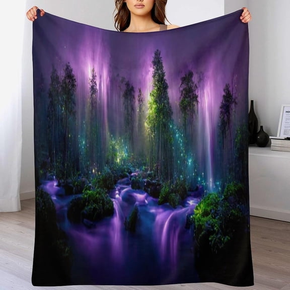 Enchanted Forest Throw Blanket Fantasy Forest Purple Waterfall Pattern Soft Lightweight Warm Plush Blankets for Sofa Bedroom 60"x80"