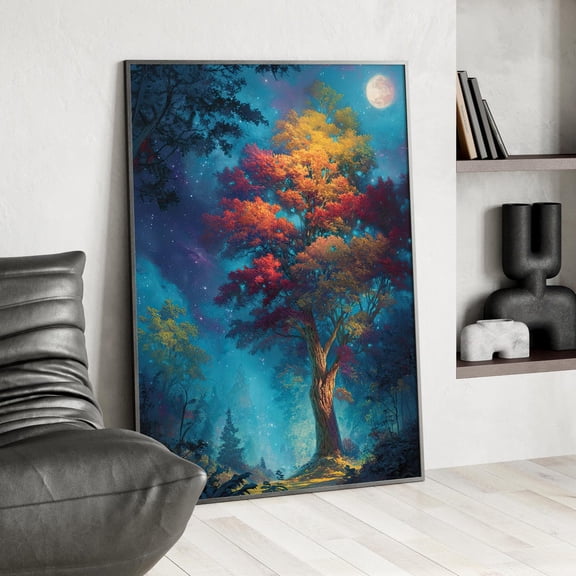 Enchanted Forest Tree Dreamy Night Landscape Vivid Leaves Colorful Fantasy Magical Scene, Unframed Canvas