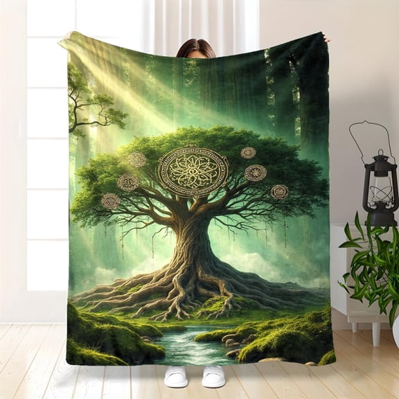 Enchanted Forest Tree &  Knot Flannel Throw Blanket - Reversible All-Season Soft Bedspread Suitable for Couch, Bed - Contemporary Multifunctional Bed Cover with Forest Tree & Celt