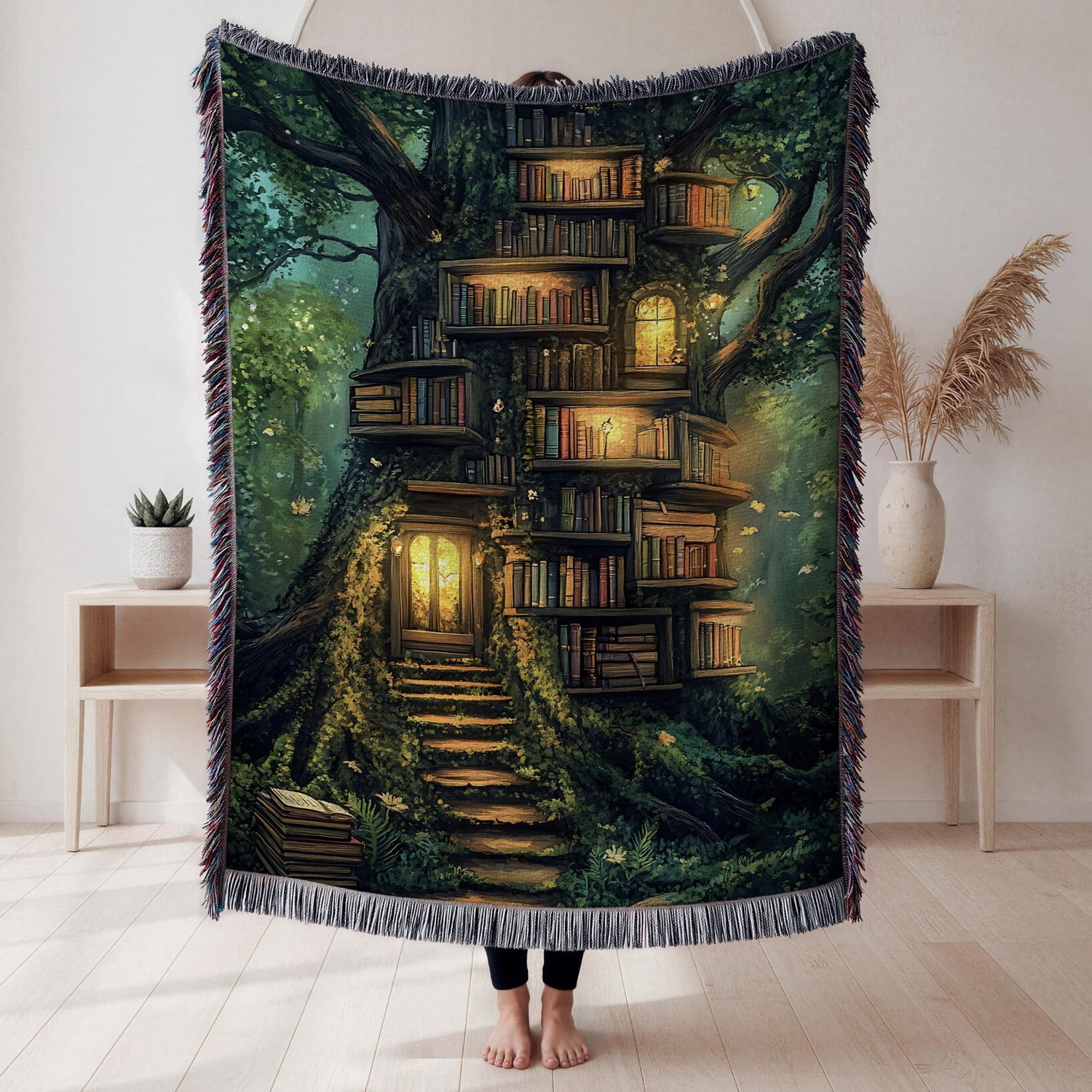 Entanted Tree Enchanted Forest Tree Library in Dark Green and Gold Woven Blanket, 100 ...