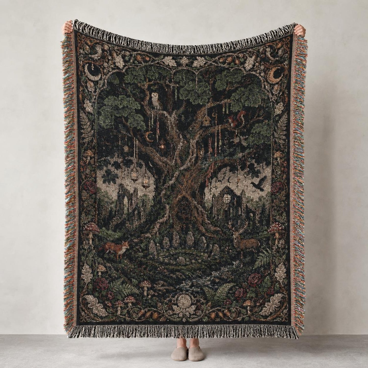 Entanted Tree Enchanted Forest Tree, Owls and Cottages Woven Throw Blanket, 100% ...