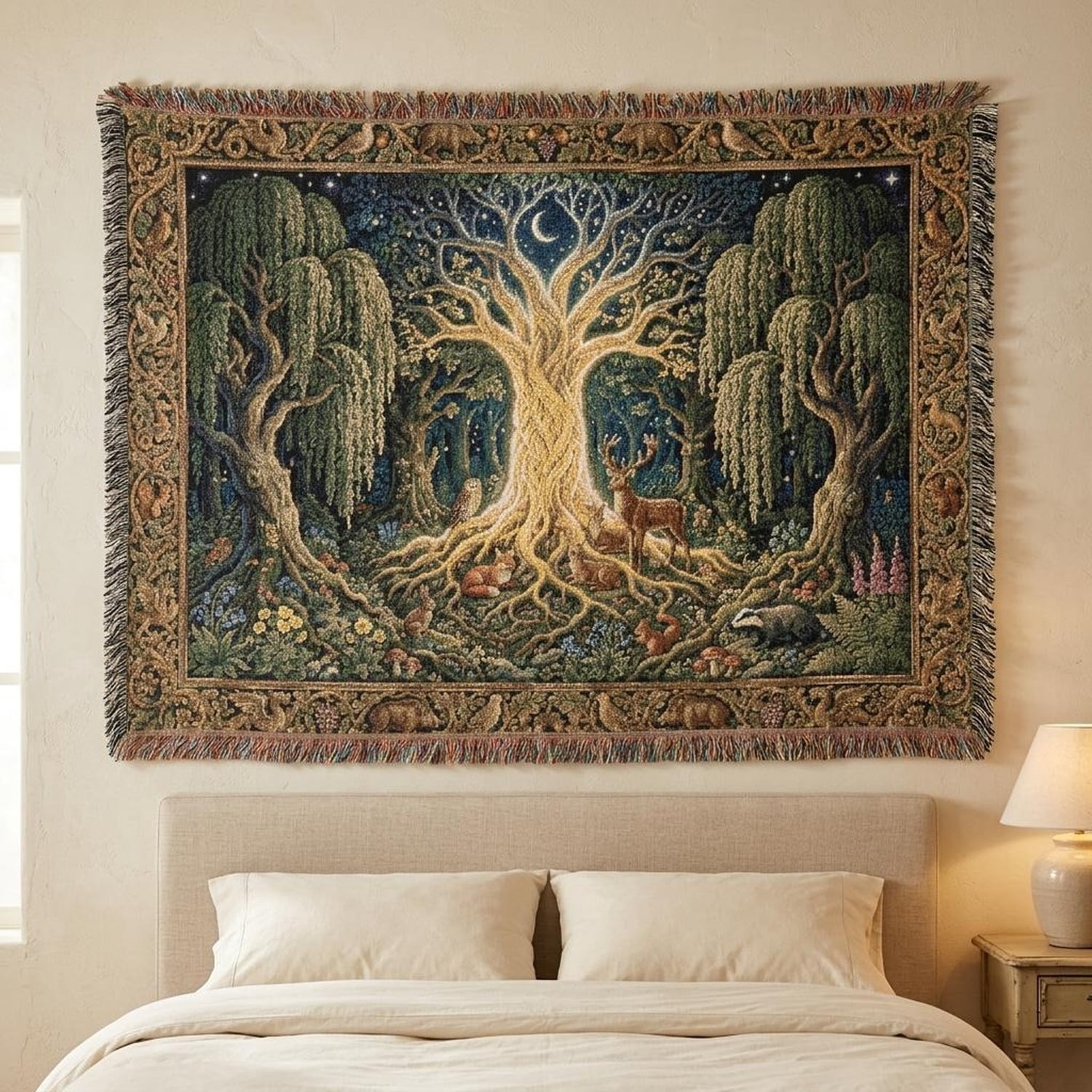 Entanted Tree Enchanted Forest Tree and Deer in Navy, Green and Golden Beige Woven ...