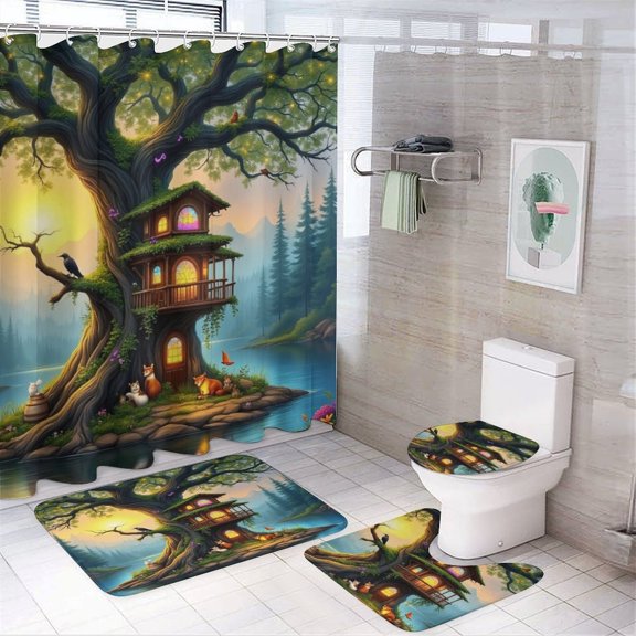 Enchanted Forest Treehouse Shower Curtain Set Modern Bathroom Decor Mats 4pcs Fabric Bathroom Curtain Slip Floor Rug Toilet Lid