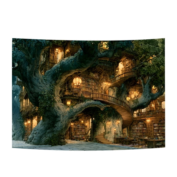 Enchanted Forest Treehouse Tapestry Wall Hanging, Fantasy Library Wall Tapestry, Cozy Cottagecore Decor for Bedroom Dorm Living Room