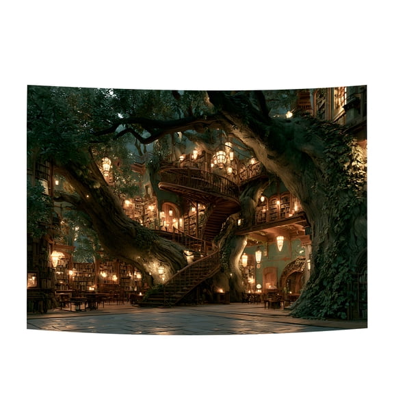 Enchanted Forest Treehouse Tapestry Wall Hanging, Fantasy Library Wall Tapestry, Cozy Cottagecore Decor for Bedroom Dorm Living Room