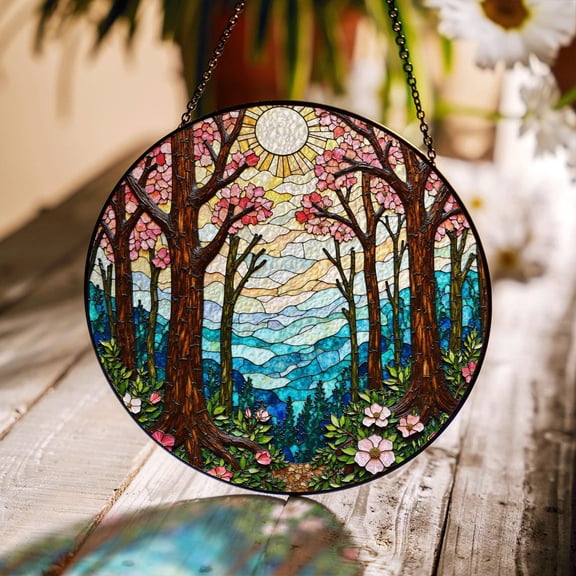 Enchanted Forest Trees Glass Suncatcher v17, Woodland Window Art, Nature Lover, 7.9 in