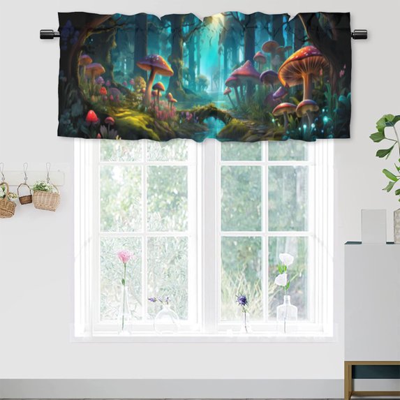 Enchanted Forest Valance Curtain for Kitchen Cartoon Magic Tale Mushroom Wonderland Window Valance for Living Room Bedroom, Kitchen Valance Rod Pocket Window Curtain 54 by 18 in, 1 Panel