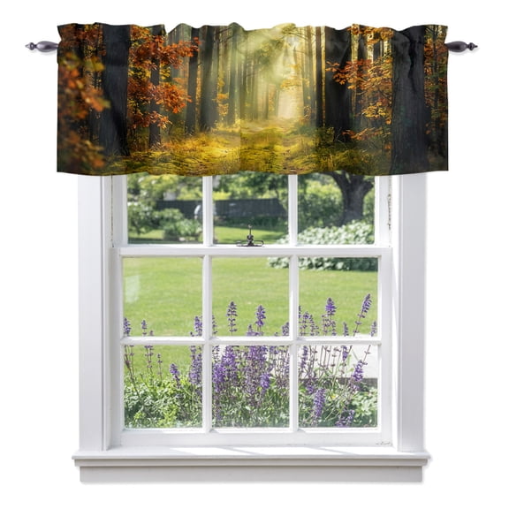 Enchanted Forest Valances for Windows, Fall Nature Sunlight Sunbeams Path Rod Pocket Valance Short Window Treatments Curtains for Kitchen Bathroom Bedroom Decor, 60 x 18 Inches