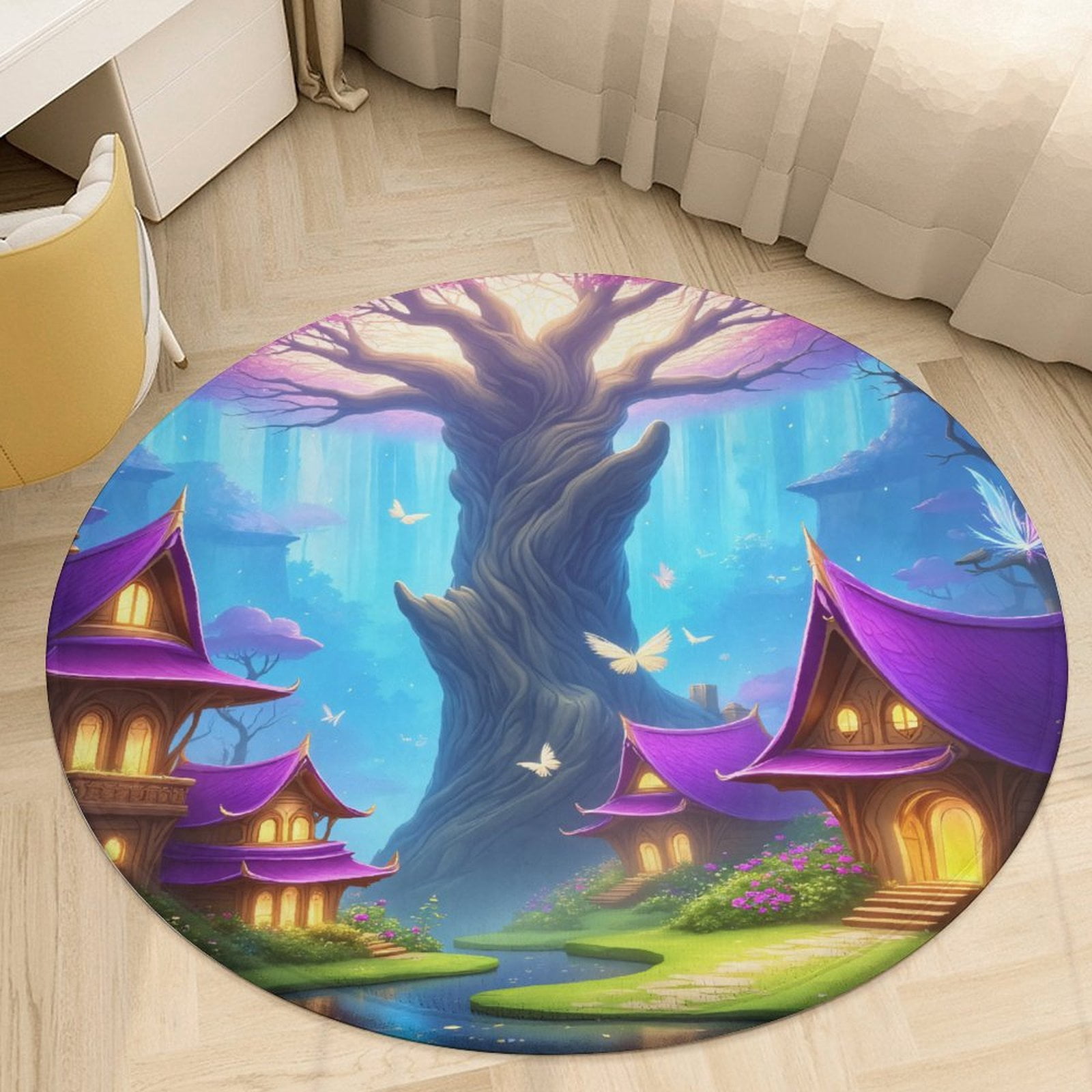 Small Round Forest Rug Enchanted Forest Village Round Area Rugs for Bedroom Living Room, 4FT ...