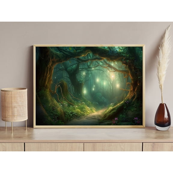 Enchanted Forest Wall Art Print With Magical Light And Mythical Decor Unframed Paper Print