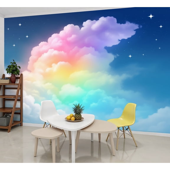 Enchanted Forest Wallpaper Dreamy Rainbow Cloud Soft Pastel Hues Sky Peel and Stick Wall Murals 69"H x 96"W Removable PVC Wall Paper Self-Adhesive Wall Paintings for Bedroom Living Room