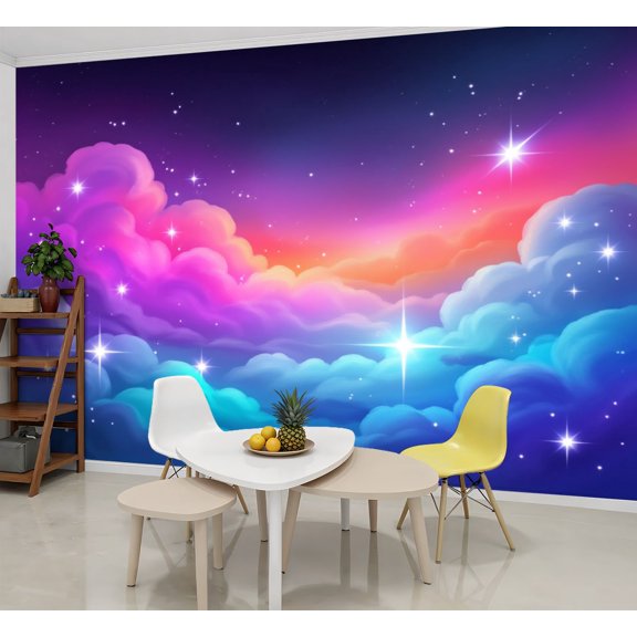 Enchanted Forest Wallpaper Dreamy Sky Purple Blue Clouds Twinkling Stars Peel and Stick Wall Murals 69"H x 96"W Removable PVC Wall Paper Self-Adhesive Wall Paintings for Bedroom Living Room