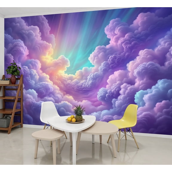 Enchanted Forest Wallpaper Dreamy Sunset Clouds Purple Teal Hues Peel and Stick Wall Murals 69"H x 96"W Removable PVC Wall Paper Self-Adhesive Wall Paintings for Bedroom Living Room