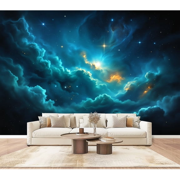Enchanted Forest Wallpaper Galactic Stars Cosmic Clouds Peel and Stick Wall Murals 100"H x 144"W Removable PVC Wall Paper Self-Adhesive Wall Paintings for Bedroom Living Room