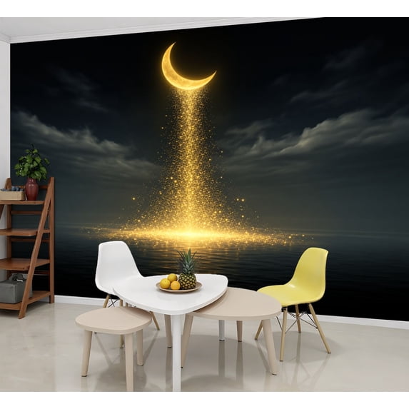 Enchanted Forest Wallpaper Golden Moon Glowing Light Dark Ocean Night Fantasy Peel and Stick Wall Murals 69"H x 96"W Removable PVC Wall Paper Self-Adhesive Wall Paintings for Bedroom Living Room