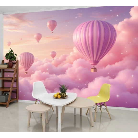 Enchanted Forest Wallpaper Hot Air Balloons Floating Pink Clouds Dreamy Peel and Stick Wall Murals 69"H x 96"W Removable PVC Wall Paper Self-Adhesive Wall Paintings for Bedroom Living Room