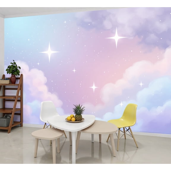 Enchanted Forest Wallpaper Pastel Dreamy Sky Clouds Sparkling Stars Peel and Stick Wall Murals 69"H x 96"W Removable PVC Wall Paper Self-Adhesive Wall Paintings for Bedroom Living Room