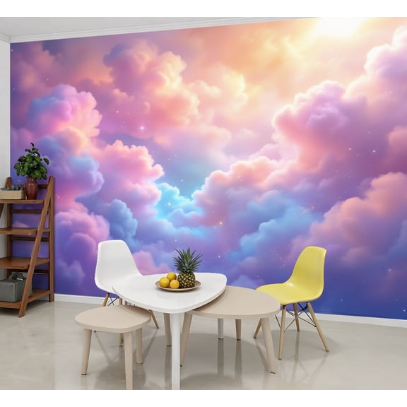 Enchanted Forest Wallpaper Pastel Pink Purple Clouds Dreamy Fantasy Sky Peel and Stick Wall Murals 69"H x 96"W Removable PVC Wall Paper Self-Adhesive Wall Paintings for Bedroom Living Room