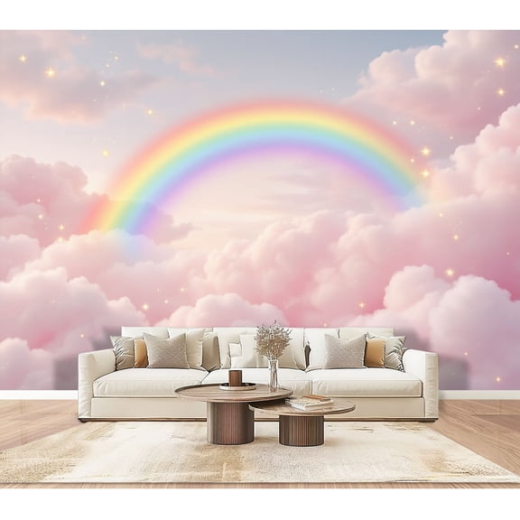 Enchanted Forest Wallpaper Pastel Rainbow Soft Pink Clouds Peel and Stick Wall Murals 100"H x 144"W Removable PVC Wall Paper Self-Adhesive Wall Paintings for Bedroom Living Room