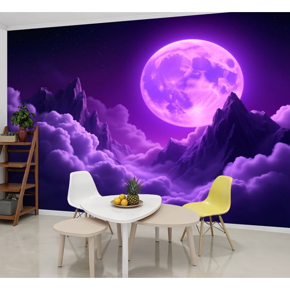 Enchanted Forest Wallpaper Purple Full Moon Dramatic Mountain Peaks Dreamy Peel and Stick Wall Murals 69"H x 96"W Removable PVC Wall Paper Self-Adhesive Wall Paintings for Bedroom Living Room