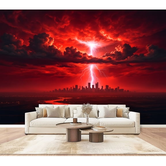 Enchanted Forest Wallpaper Red City Skyline Dramatic Storm Clouds Reflective Peel and Stick Wall Murals 100"H x 144"W Removable PVC Wall Paper Self-Adhesive Wall Paintings for Bedroom Living Room
