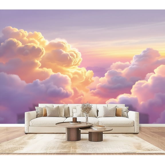 Enchanted Forest Wallpaper Soft Pink Purple Sunset Clouds Dreamy Sky Peel and Stick Wall Murals 100"H x 144"W Removable PVC Wall Paper Self-Adhesive Wall Paintings for Bedroom Living Room