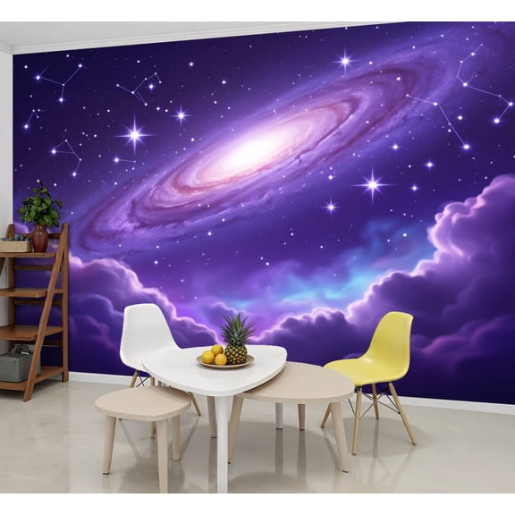 Enchanted Forest Wallpaper Stars Clouds Purple Blue Tones Peel and Stick Wall Murals 69"H x 96"W Removable PVC Wall Paper Self-Adhesive Wall Paintings for Bedroom Living Room