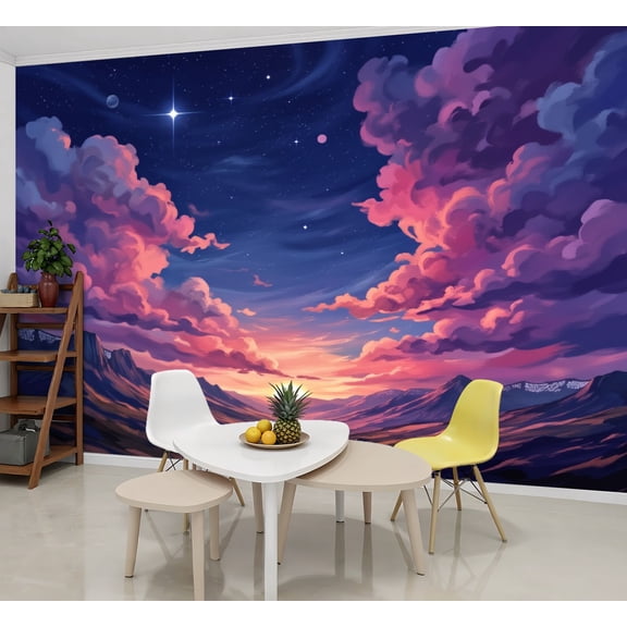 Enchanted Forest Wallpaper Stunning Mountain Sunset Vibrant Cloudy Sky Peel and Stick Wall Murals 69"H x 96"W Removable PVC Wall Paper Self-Adhesive Wall Paintings for Bedroom Living Room