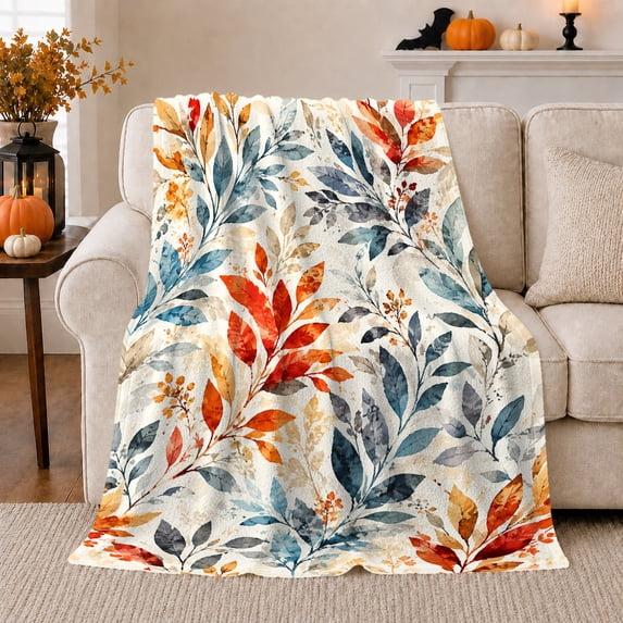 Enchanted Forest Watercolor Leaves Berry Buds Teal Rust, Cozy Woodland Scene, Warm Flannel Blanket for Cabin and Lodge, Garden Lovers Housewarming Gift, Botanical Home Decor