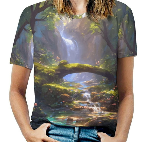 Enchanted Forest Waterfall-2 Women's Short Sleeve T-Shirt Crew Neck Casual Summer Trendy Loose Fit Tops