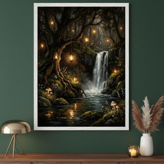 Enchanted Forest Waterfall Lantern Fantasy Wall Decor Unframed Paper Print