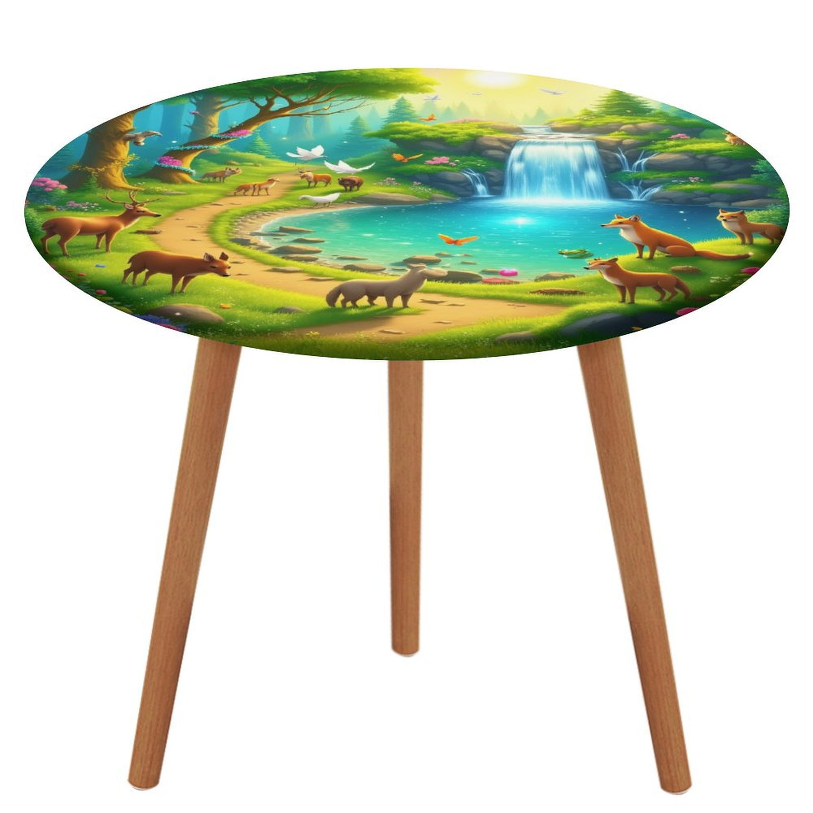 Enchanted Forest Waterfall Scene Tablecloth Round Elastic Fitted ...