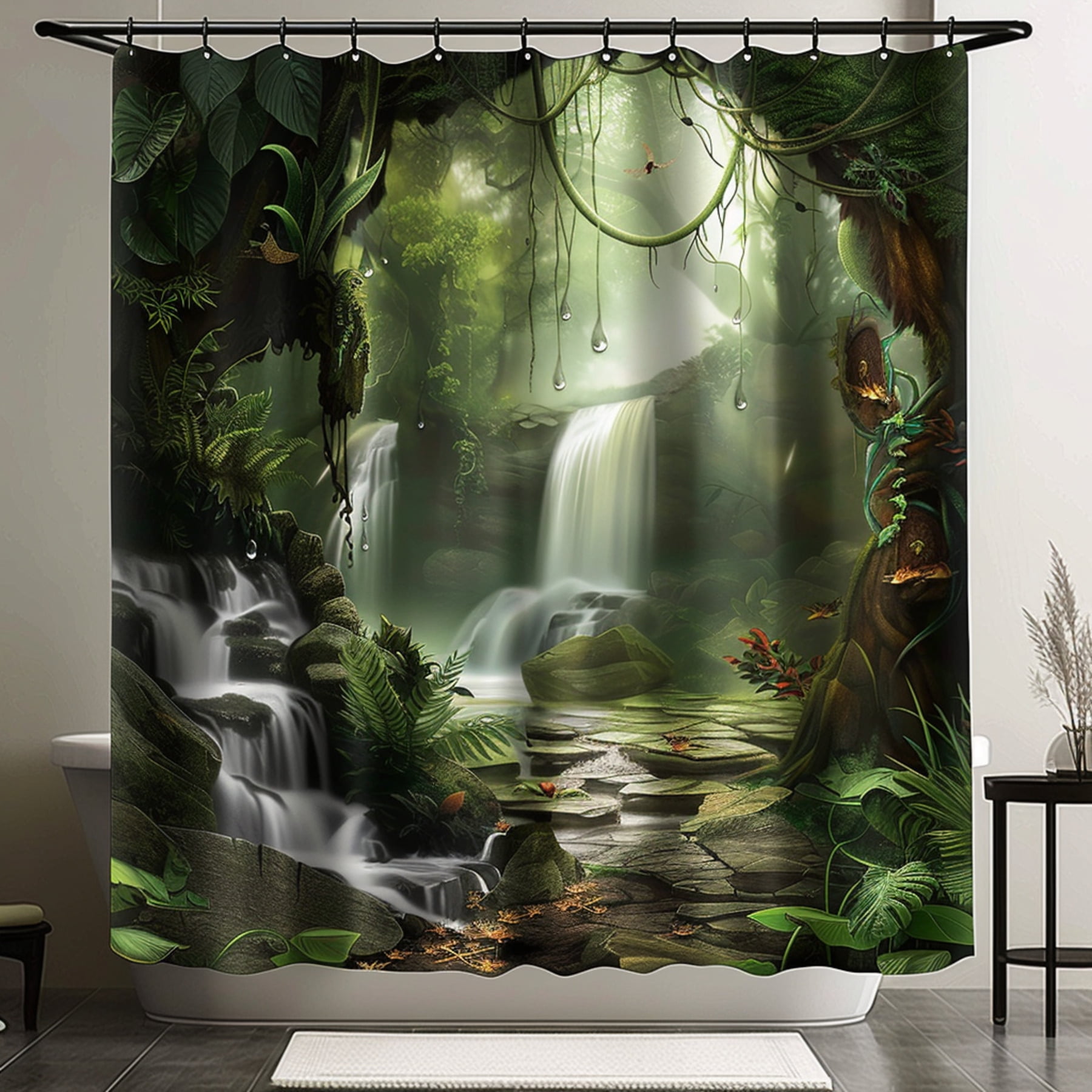 Enchanted Forest Waterfall Shower Curtain Fantasy Rainforest Theme with