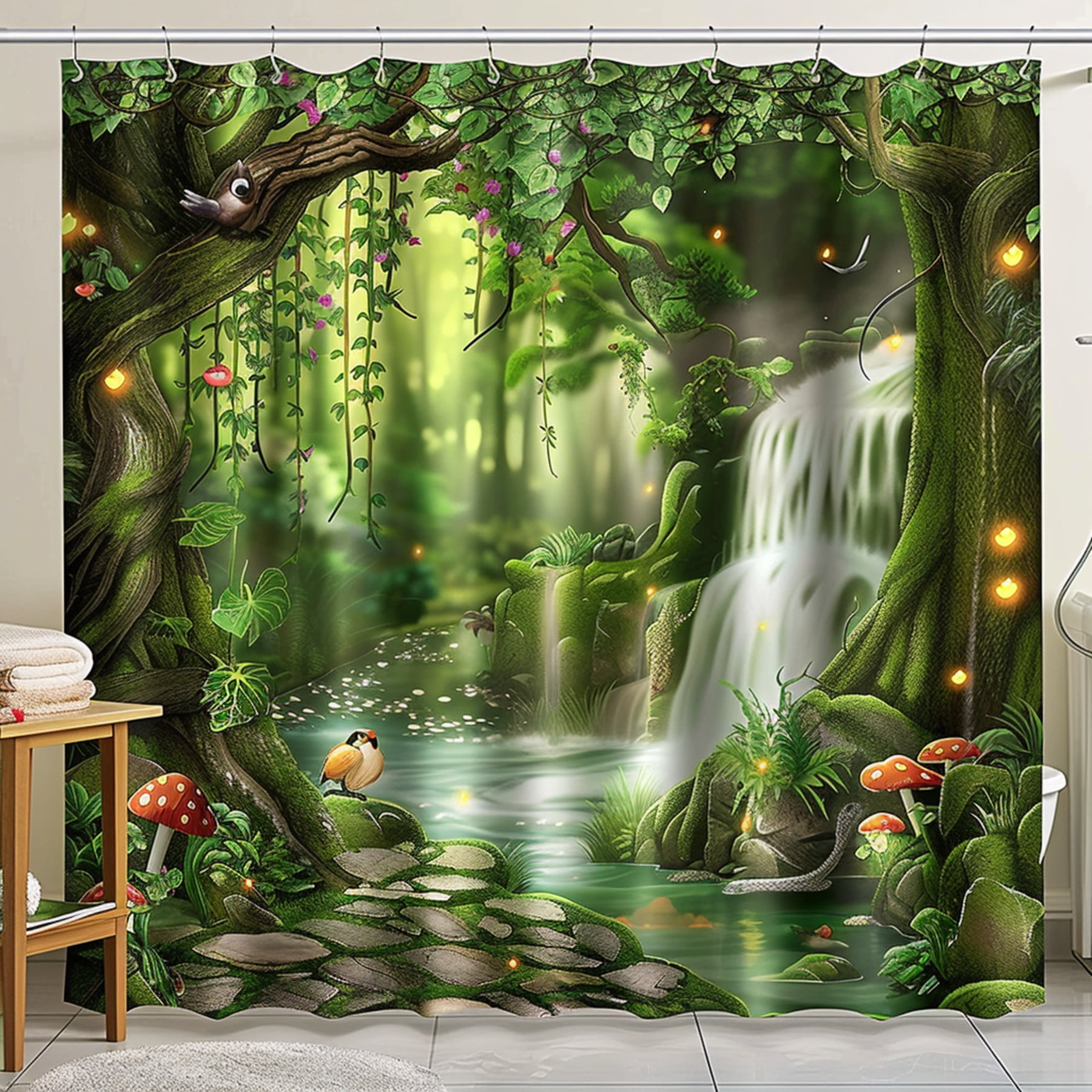Enchanted Forest Waterfall Shower Curtain Witch Bathroom Decor Greenery ed Cartoon Style Unique ...