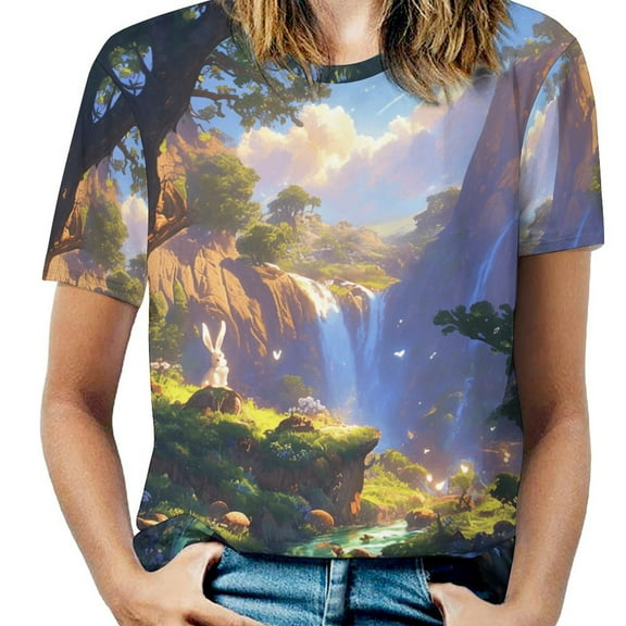 Enchanted Forest Waterfall T Shirts Basic T-Shirt Short Sleeve Ladies Tee Shirt Summer Graphic Clothing