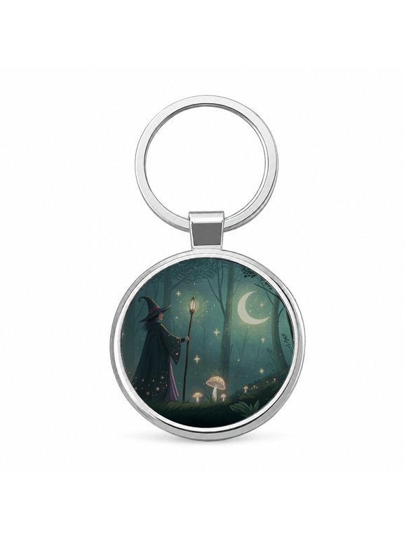 Enchanted Forest Witch Scene Metal Round Keychain