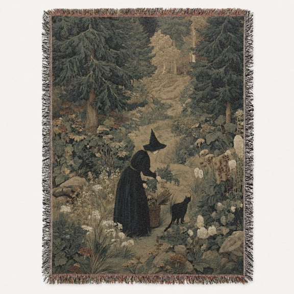 Enchanted Forest Witch and Black Cat Green Gothic Woven Throw Blanket, 100% Cotton with Fringed Edges, Home Decor