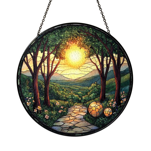 Enchanted Forest With Crystal Spheres Stained Glass Style Window Hanging Suncatcher, Magical Nature Decor Gift