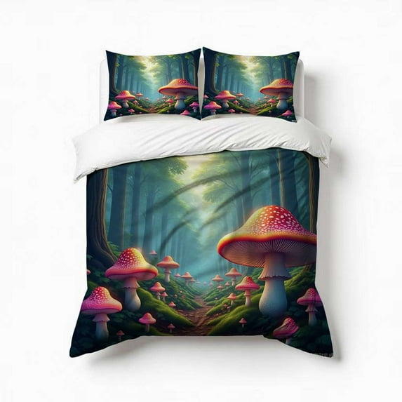 Enchanted Forest With Mushrooms Bedding Set 3 Pcs Soft Microfiber Quilt Cover For Bedroom Decor, Comforter Cover With 2 Pillowcase