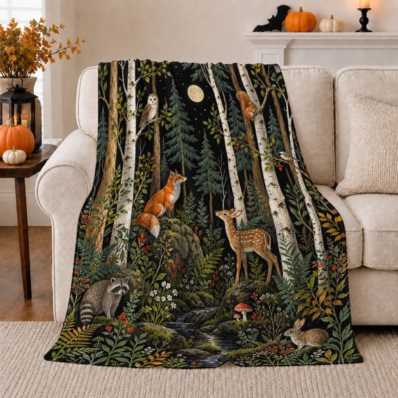 Enchanted Forest Woodland Animals, Rustic Farmhouse Horse Scene, Warm Flannel Blanket for Ranch House and Living Room, Horse Lovers Housewarming Gift, Rustic Home Decor