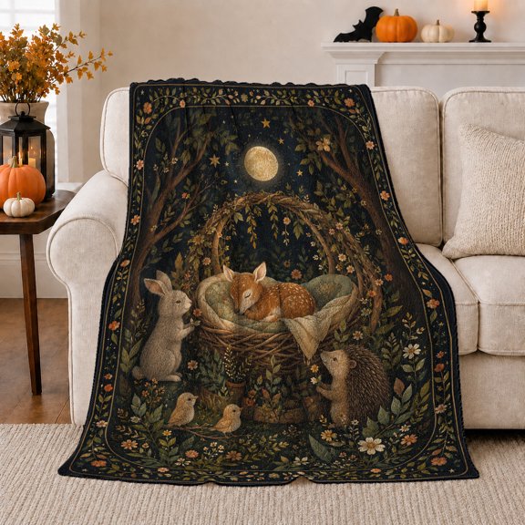 Enchanted Forest Woodland young animal Fawn Basket Serene Moonlit, Cozy Friendship Quote Scene, Warm Flannel Blanket for Living Room and Reading Nook, Art Lovers Friendship Gift, Artistic Home Decor