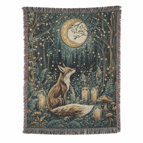 Enchanted Fox Forest Teal and Gold Woven Throw Blanket, Woven Cotton with Fringed Edges, Woodland Celestial Decor for Sofa or Bed