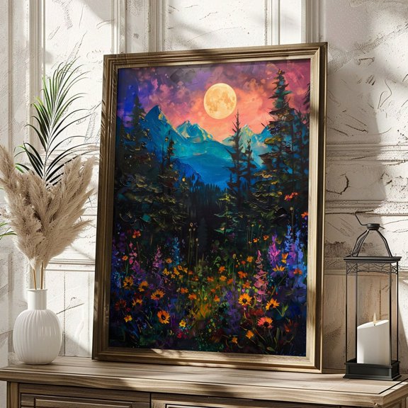 Enchanted Full Moon Wildflowers Mystical Midnight Landscape, Unframed Poster