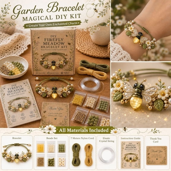 Enchanted Garden Charm Bracelet DIY Kit Series, Complete Beading Supplies Kit, Cute Garden Insect Charm Bracelet DIY Gift for Girls (Firefly Meadow)
