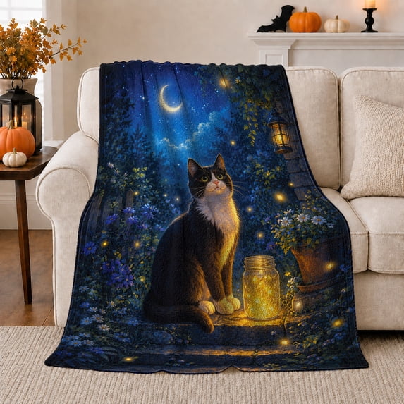 Enchanted Garden Tuxedo Cat Under Moon, Festive Pet Portrait Pattern, Warm Flannel Blanket for Living Room and Bedroom, Cat Lovers Christmas Gift, Pet Lover Home Decor