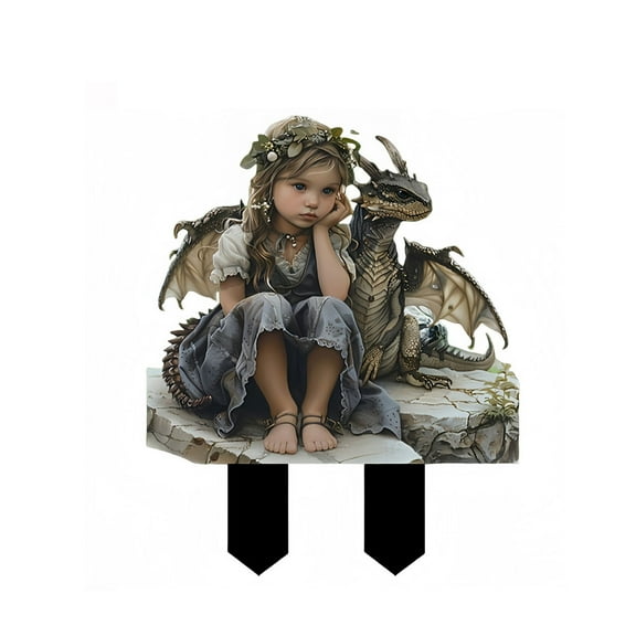 Enchanted Girl & Dragon Acrylic Garden Stake | 2D Flat Fantasy Yard Art with Waterproof Acrylic | Outdoor Courtyard & Lawn Decor for Planter & Garden | 20×16cm/8×6.3in