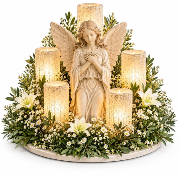 Enchanted Glow Botanical Candle Centerpiece, Angel Garden Lighted Floral Table Decor with Angel Figurine, Warm Candle-Style Pillars for Mantel, Entryway, Dining Table and Remembrance Decor