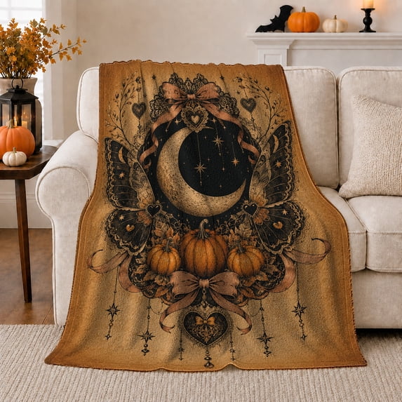 Enchanted Halloween Moon Pumpkin, Festive Halloween Scene, Warm Flannel Blanket for Sunroom and Reading Nook with Detailed Artwork, Art Lovers Halloween Gift, Festive Home Decor